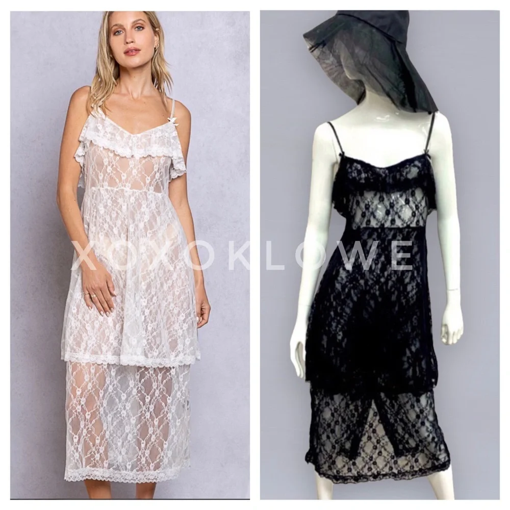 POL Black Sheer Lace Ruffle Tiered Layering Slip